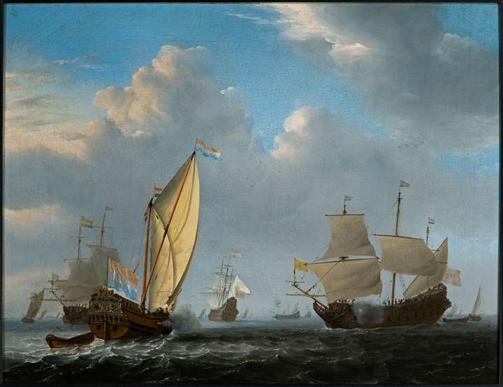 A States Yacht from the Admiralty of Amsterdam before a moderate breeze, meeting a Two-decker.